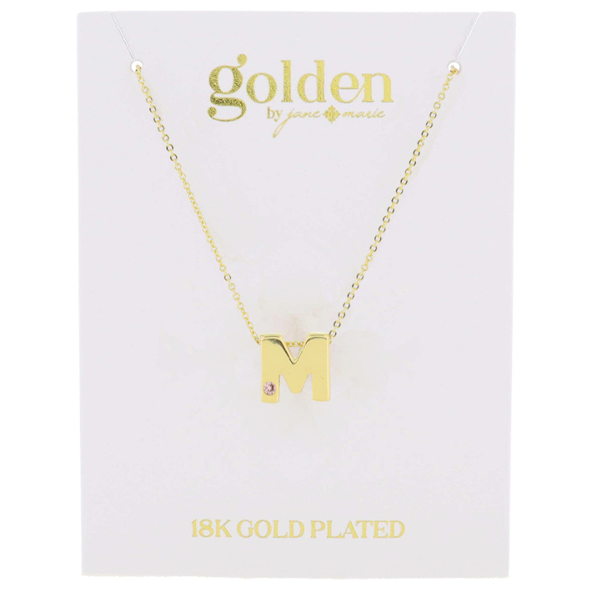 18K Gold Plated Thick Block Initial with Mini Light Pink Crystal Accent Necklace