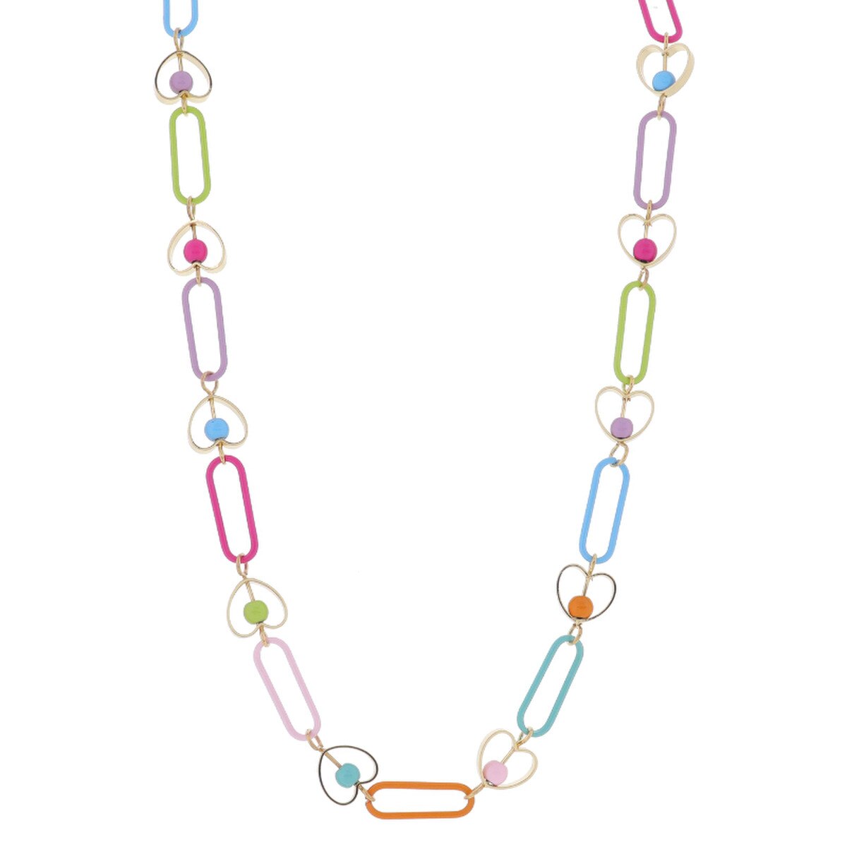 Kids 14" Multi Paperclip Links with Gold Hearts and Multi Center Beads Necklace, 3" Ext
