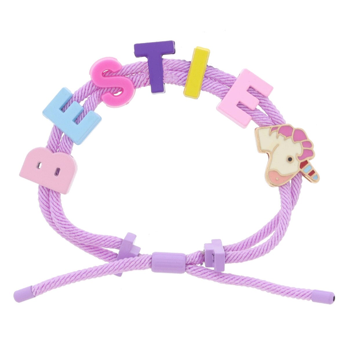 Kids Lavender Cord with Multi "BESTIE" and Multi Enamel Unicorn Head Bracelet, Adj.