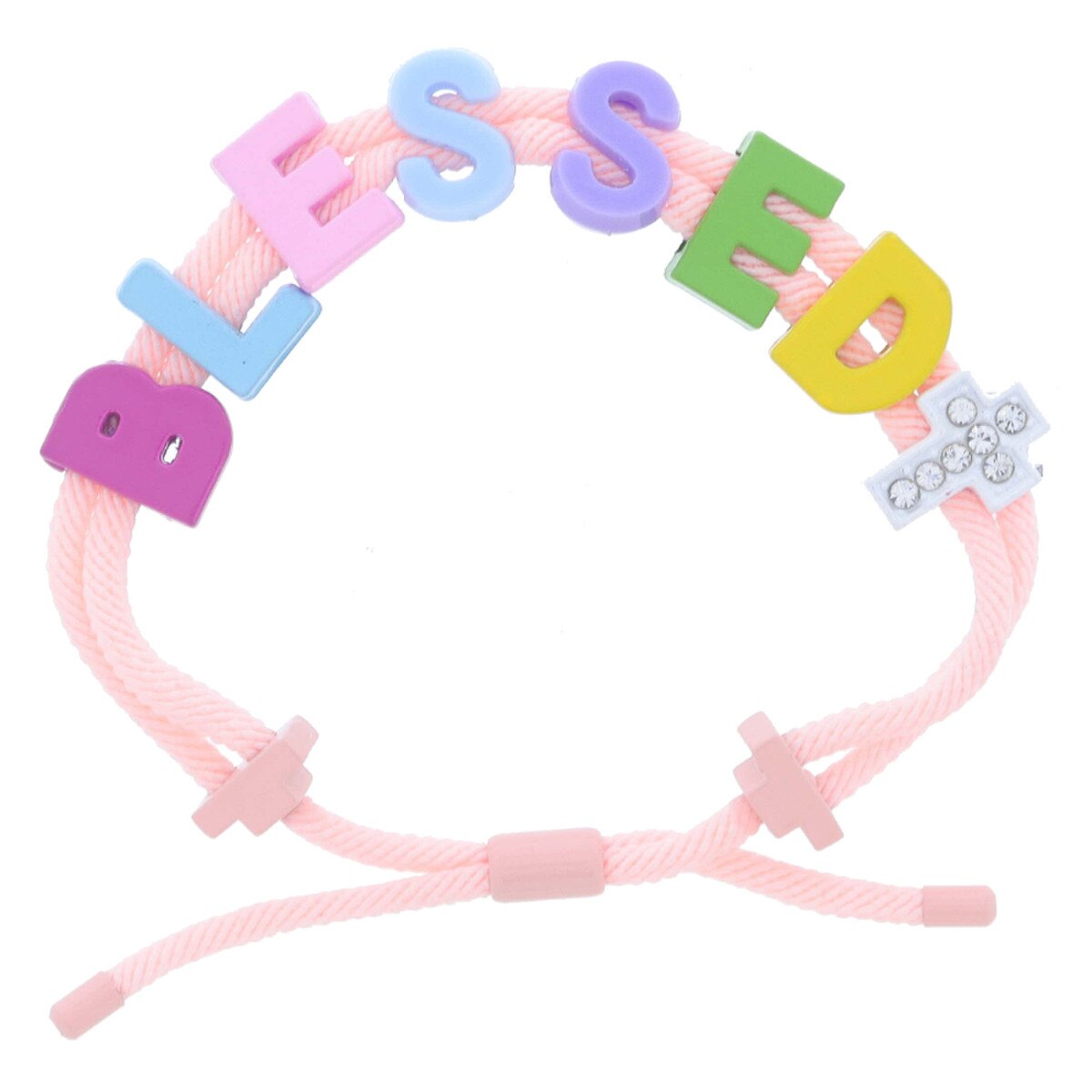 Kids Peach Cord with Multi "BLESSED" and Crystal Embellished White Cross Bracelet, Adj.
