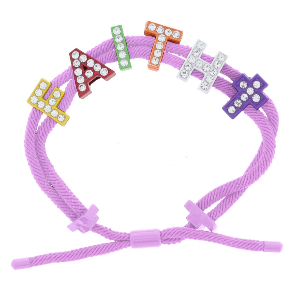 Kids Lavender Cord with Multi "FAITH" with Purple Cross and Crystal Embellishment Bracelet, Adj.