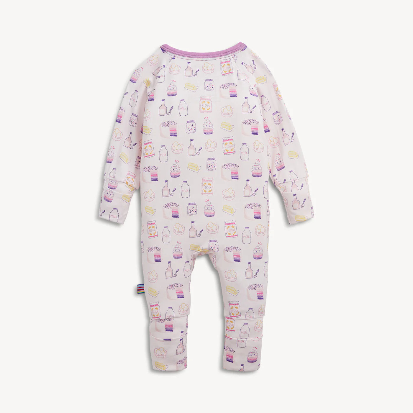 A baby long-sleeve footless one-piece jumpsuit in white with a pastel purple and pink milk carton pattern, shown against a light off-white background.