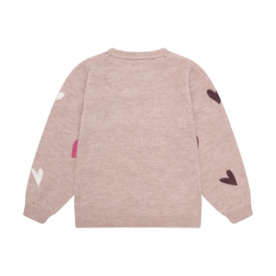 A light pink knit sweater shown from the back, featuring small heart motifs in dark brown, white, and pink on the sleeves.