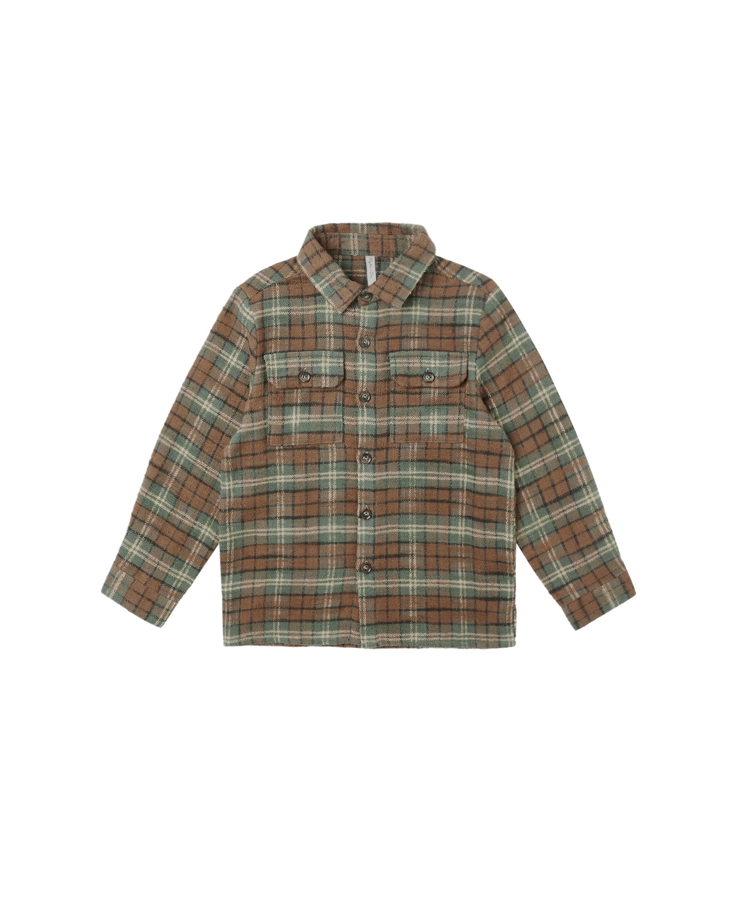 Plaid shirt with brown, green, and beige pattern
