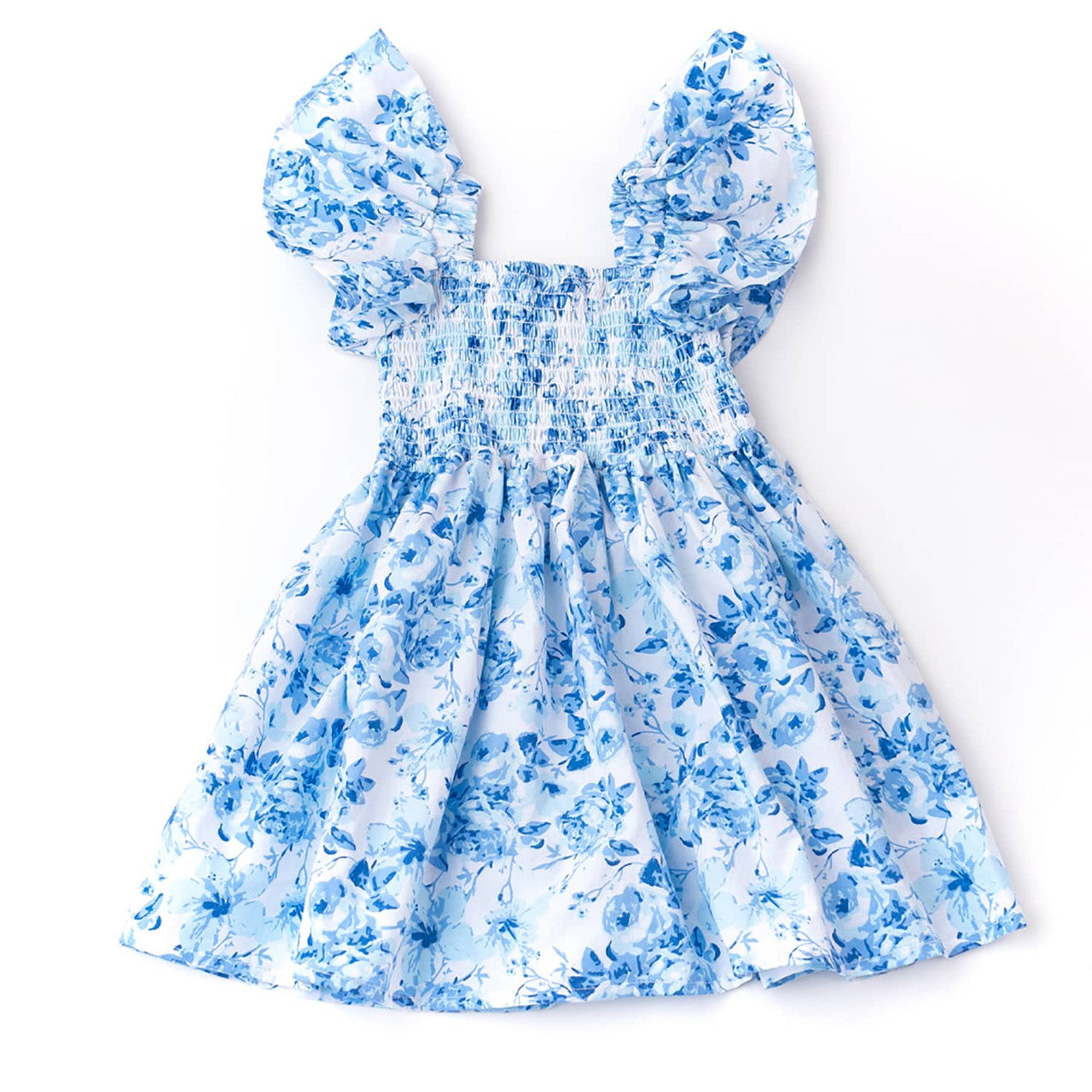Hibiscus Rose Cotton Girls Smocked Flutter Sleeve Dress