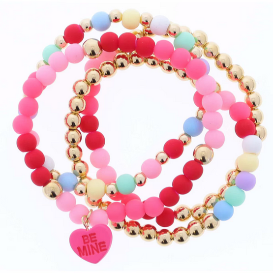 Kids Set of 4, Gold & Ball Beaded, Pink, White & Red with Pink "BE MINE" Charm Stretch Bracelet