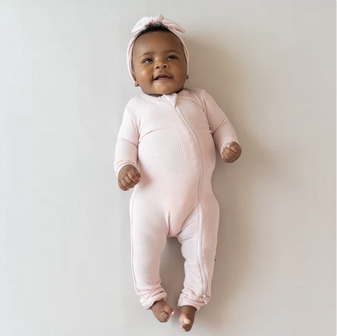 Ribbed Ruffle Zipper Footie // Blush