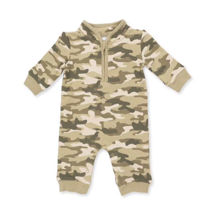 A baby long-sleeve camouflage jumpsuit with a half-zip neckline, photographed flat on a white background.