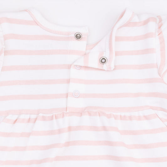 Close-up of a baby romper or bodysuit with horizontal light pink and white stripes, featuring a ruffled neckline and snap-button closure.