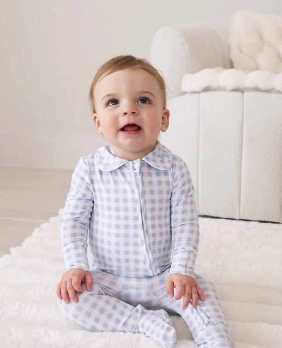 Peter Pan Collar Zipper Footie | Dusty Blue Gingham