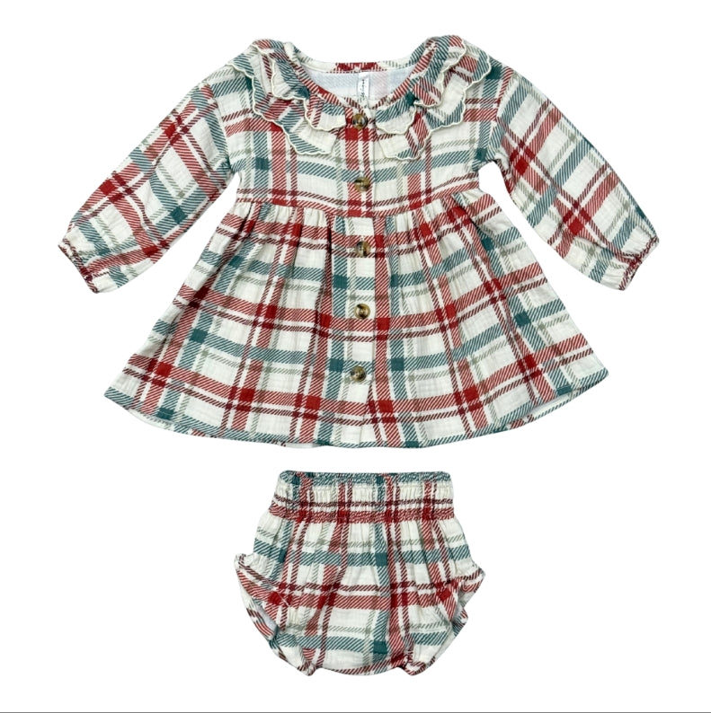 A baby girl's two-piece plaid outfit set consisting of a long-sleeve button-front dress with a ruffled collar and matching bloomers, in a red, teal, and white plaid pattern.