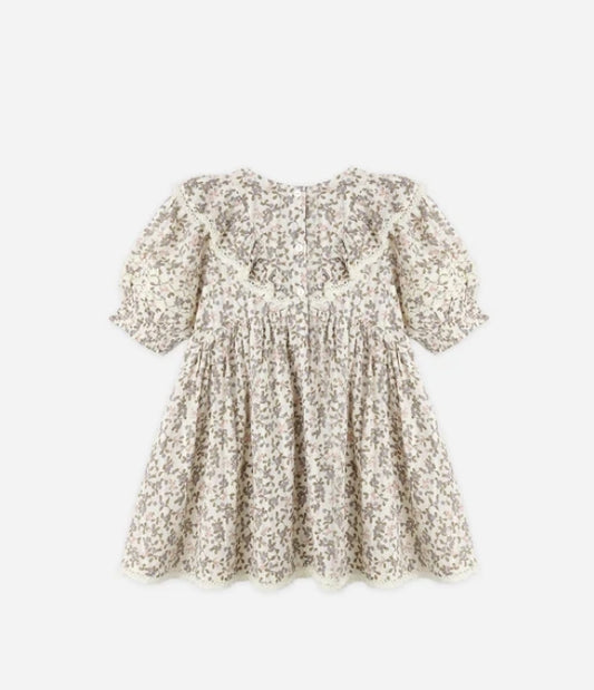 A short-sleeve baby dress with a dense beige and white floral print, featuring a ruffled neckline, gathered waist, and ruffled trim along the hem, shown against a plain light gray background.