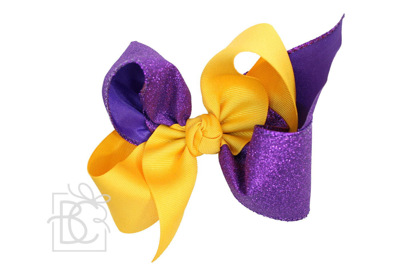 Glitter/Grosgrain Crisscross School Bow 5.5″ Huge (Purple & Yellow Gold)