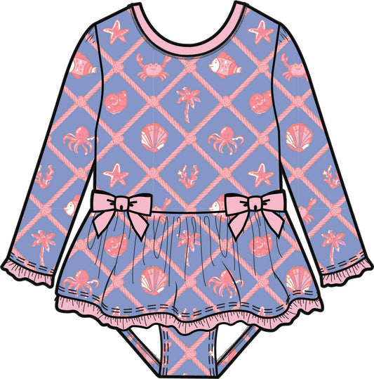 Girls Tropical Trellis Long Sleeve One Piece Bow Peplum Rash Guard Swimsuit