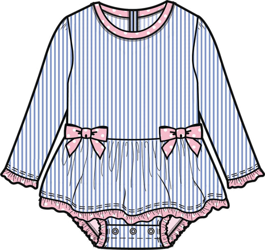 Baby Girls Periwinkle Blue Seersucker Long Sleeve One Piece Bow Peplum Rash Guard Swimsuit with Signature Rear Ruffles
