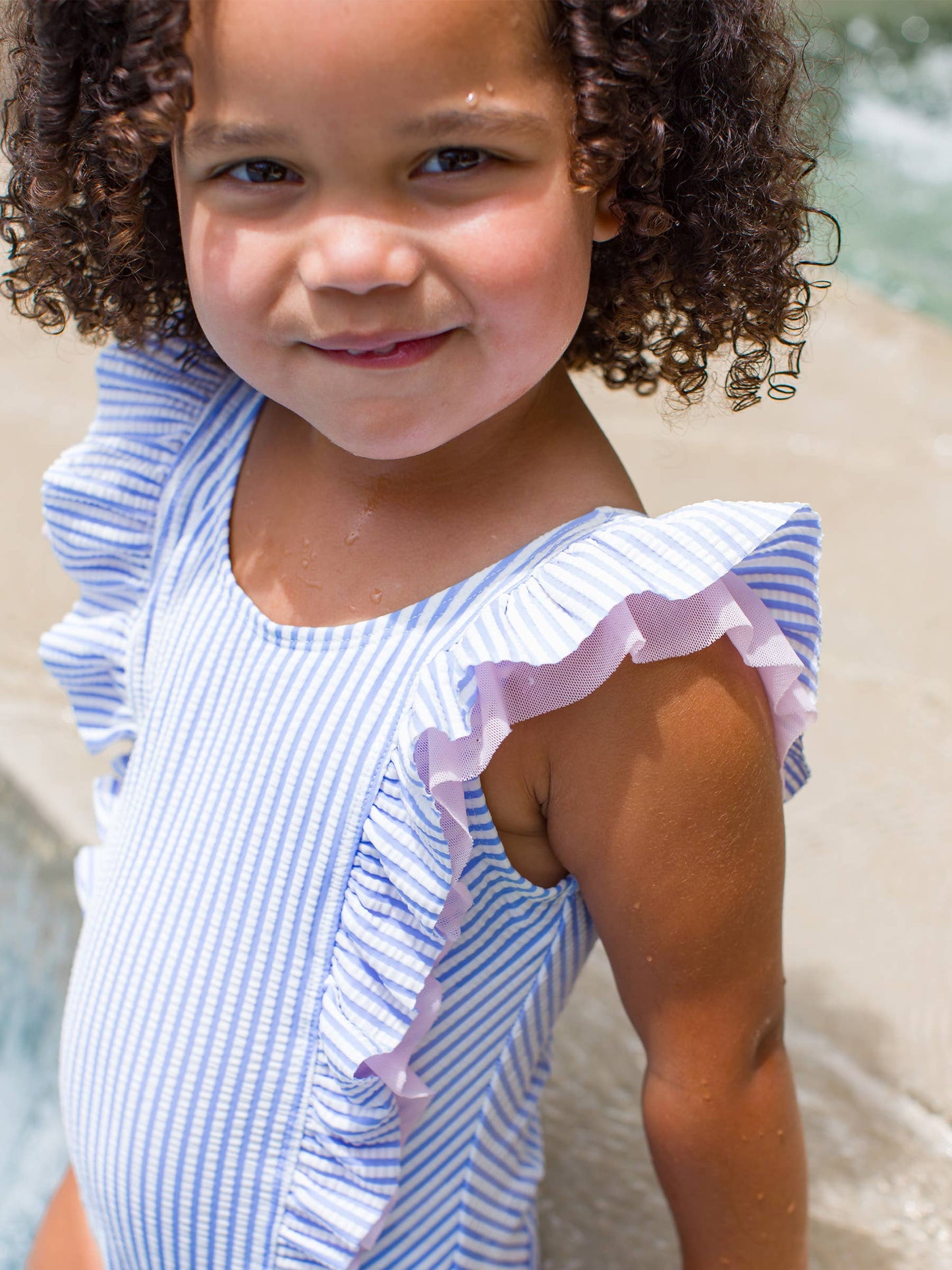 Girls Periwinkle Blue Seersucker Waterfall One Piece