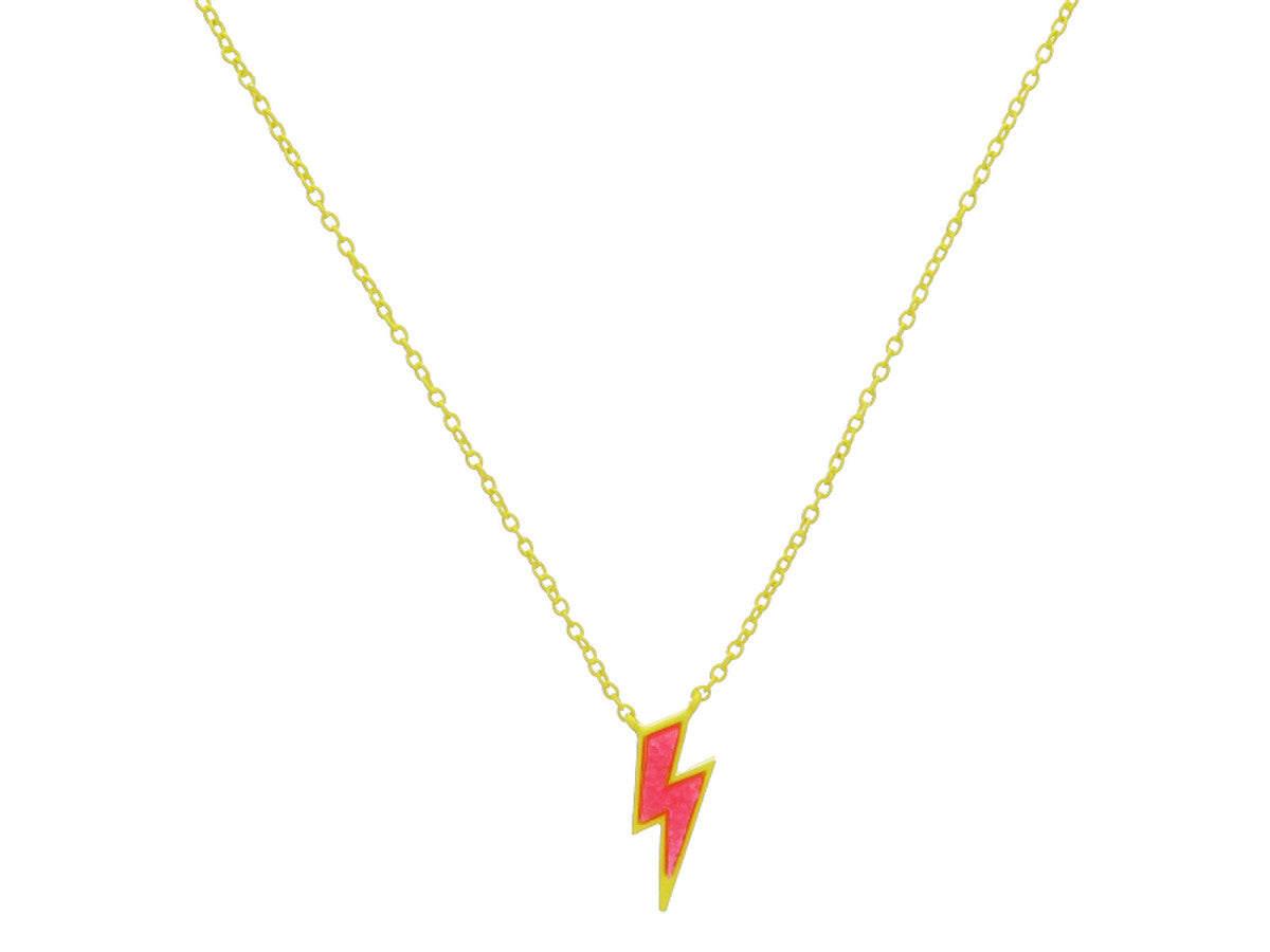 Kids Yellow Enamel Chain and Yellow Encasing with Pink Lightning Bolt Necklace