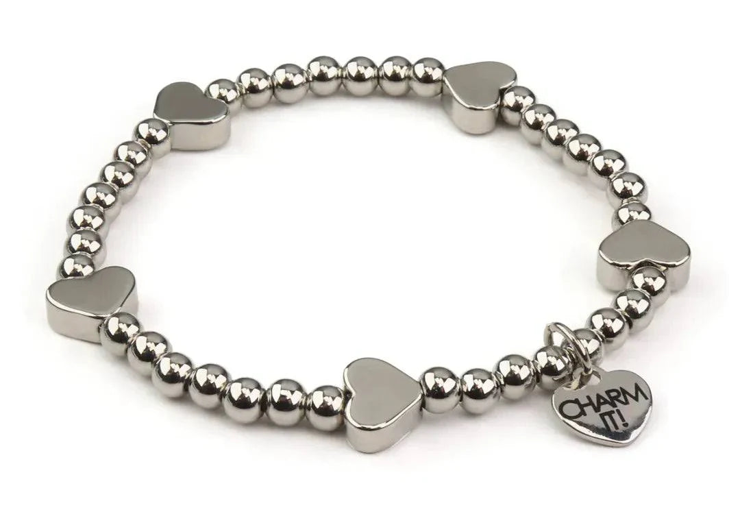 Silver Heart Stretch Beaded Bracelet