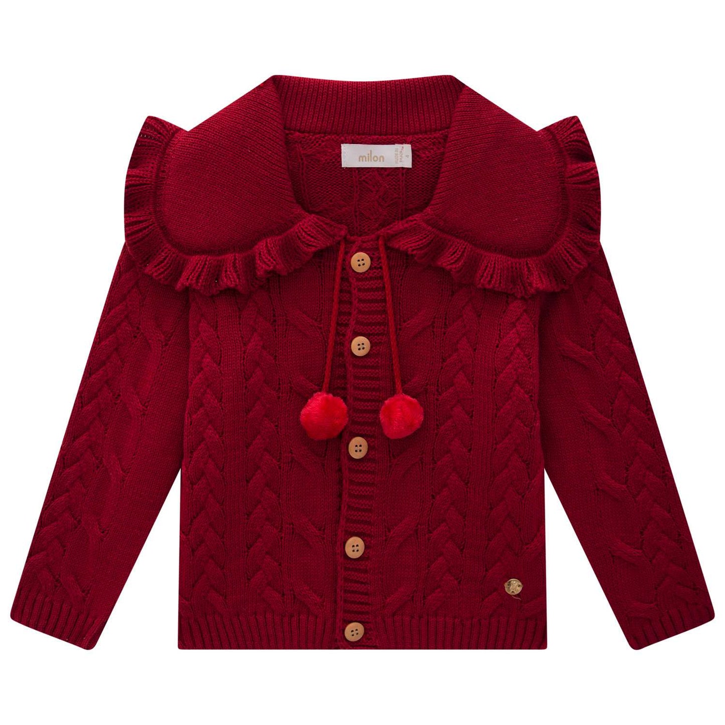 Red knitted cardigan with ruffled collar and pom-pom details