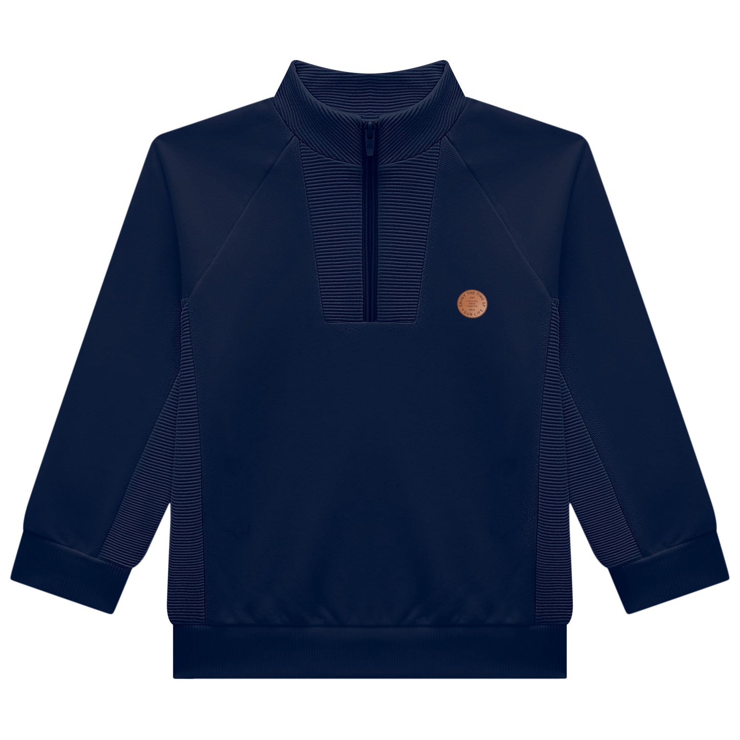 Navy blue sweatshirt with a small brown patch