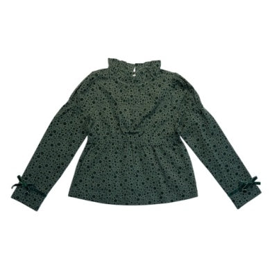 Green floral,ruffle neck knit top