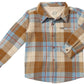 Plaid shirt with brown, blue, and beige colors