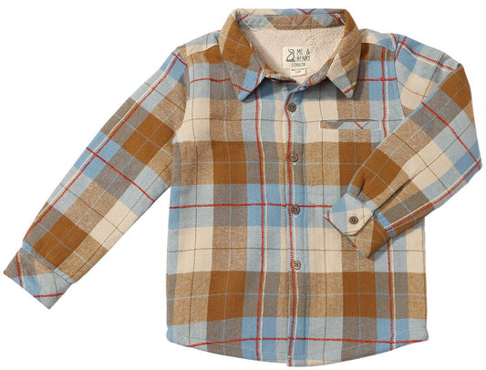 Plaid shirt with brown, blue, and beige colors