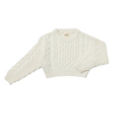 White cable knit sweater on a white background