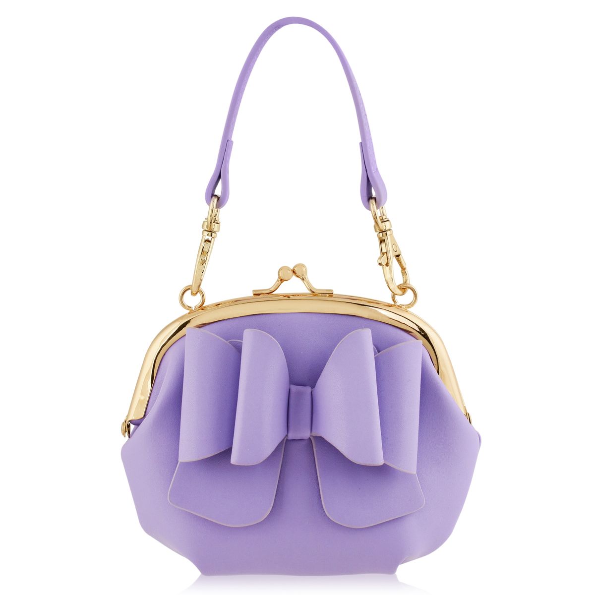 Purple handbag with a large bow and gold clasp