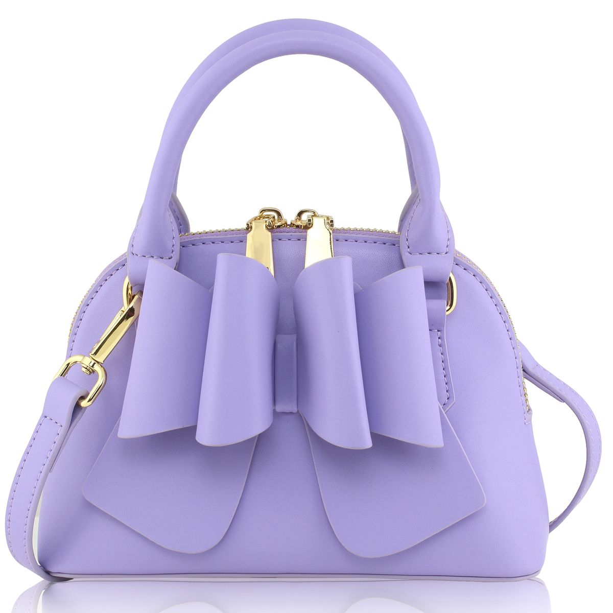 Purple handbag with a large bow on a white background