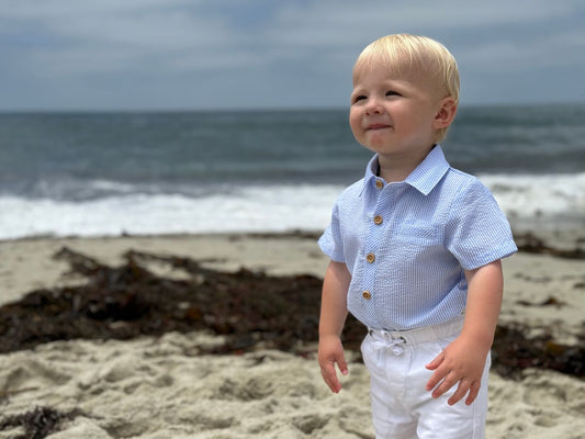 Helford Woven Onesie// Pale Blue Searsucker