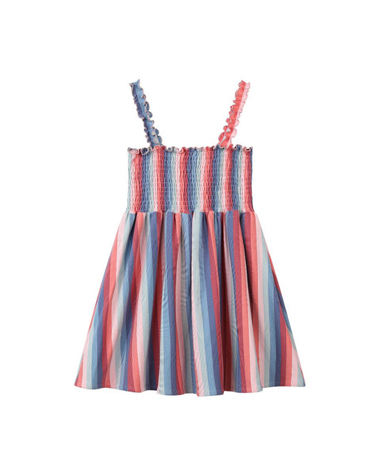 Red Blue and pink Striped dress with ruffled straps 