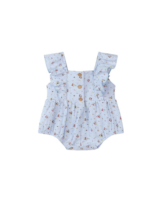 Light blue floral baby romper on a white background