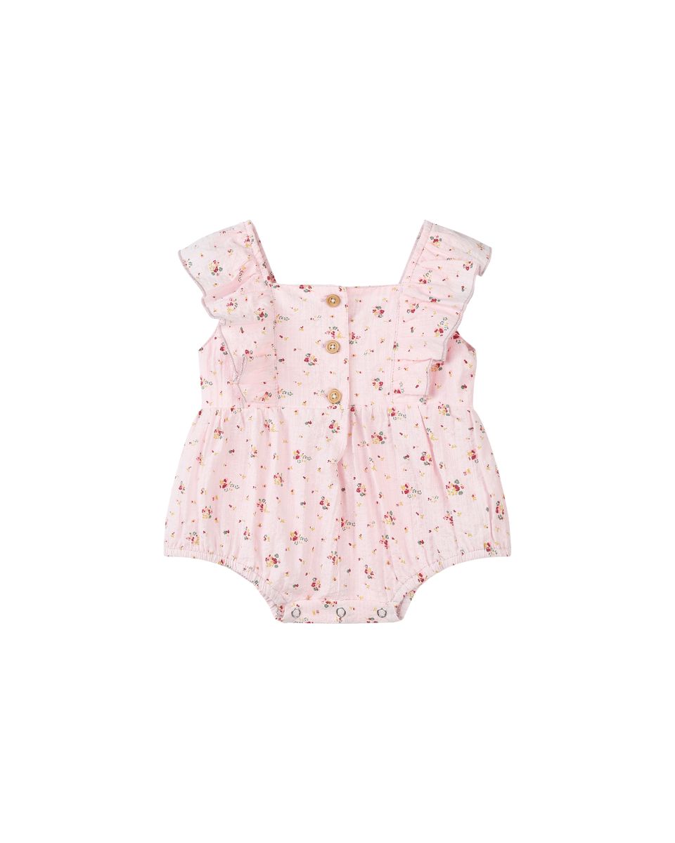 Pink floral baby romper on a white background