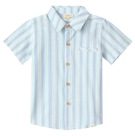 Blue 2 toned Striped short-sleeve shirt with button details 