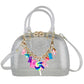 Silver glitter handbag with colorful charm chain
