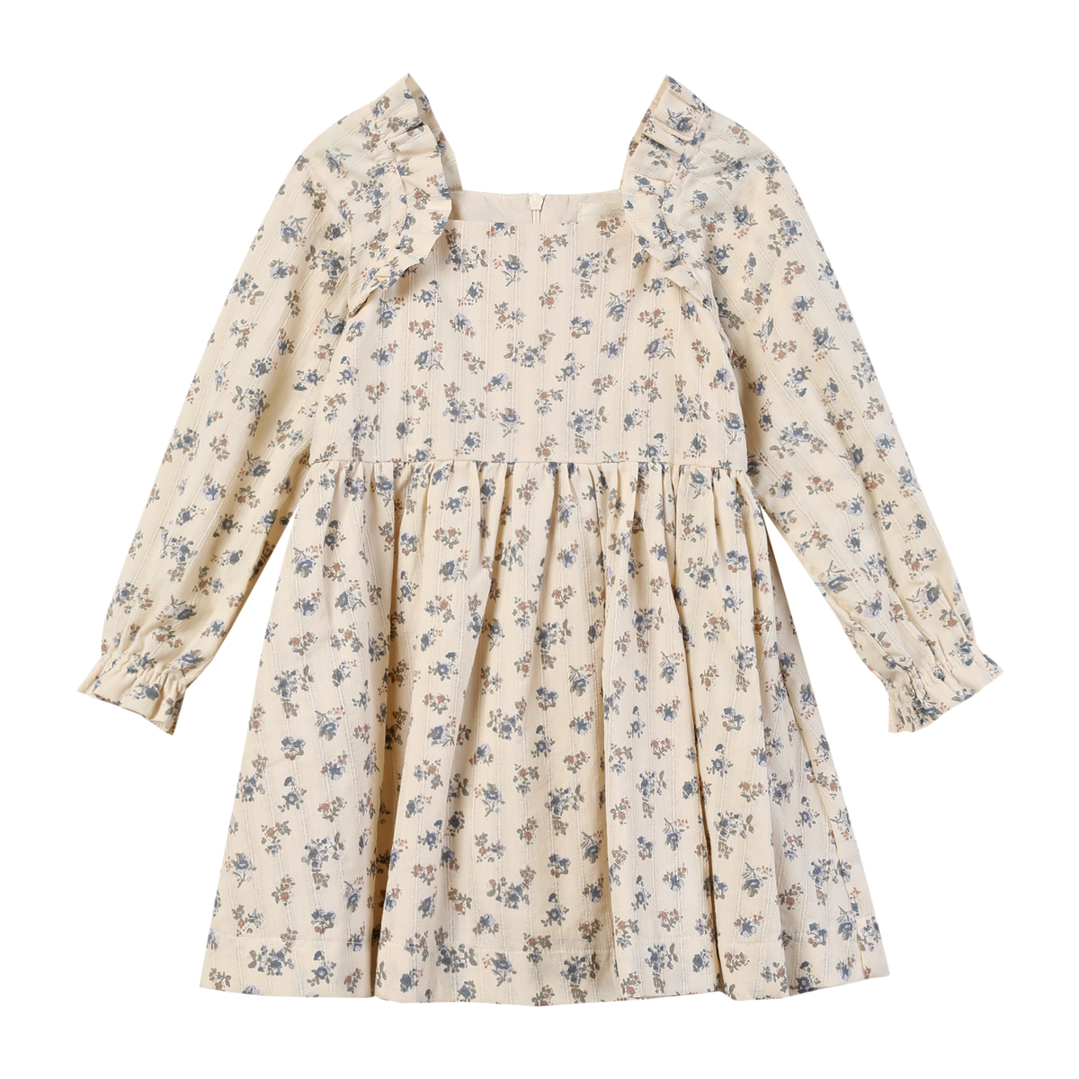A long-sleeve babydoll dress with a beige base and a delicate blue and green floral print, featuring a ruffled collar and smocked waist.