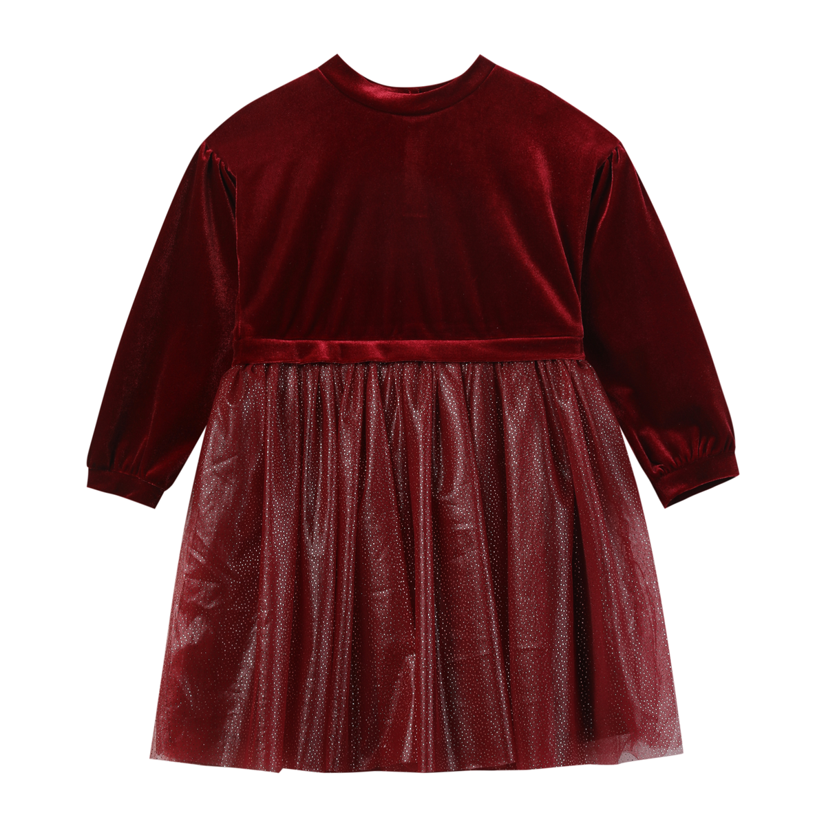 A long-sleeve children's dress in deep burgundy velvet, featuring a solid velvet bodice, a matching satin waistband, and a gathered tulle skirt with a subtle textured pattern.