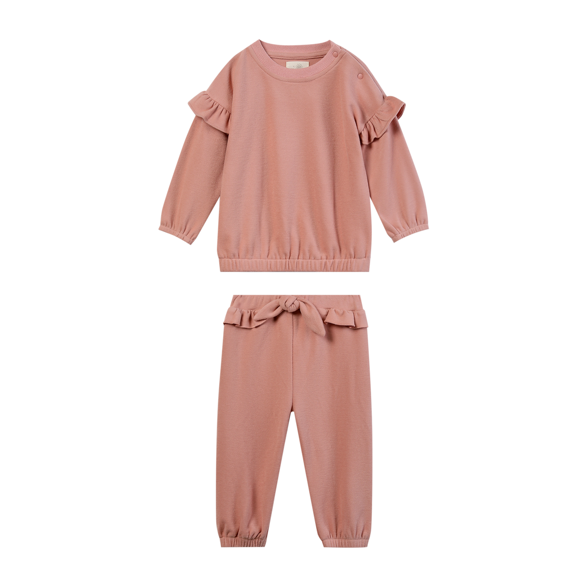 A two-piece children's outfit in dusty rose pink, featuring a long-sleeve top with ruffled shoulder details and matching ruffled drawstring pants.