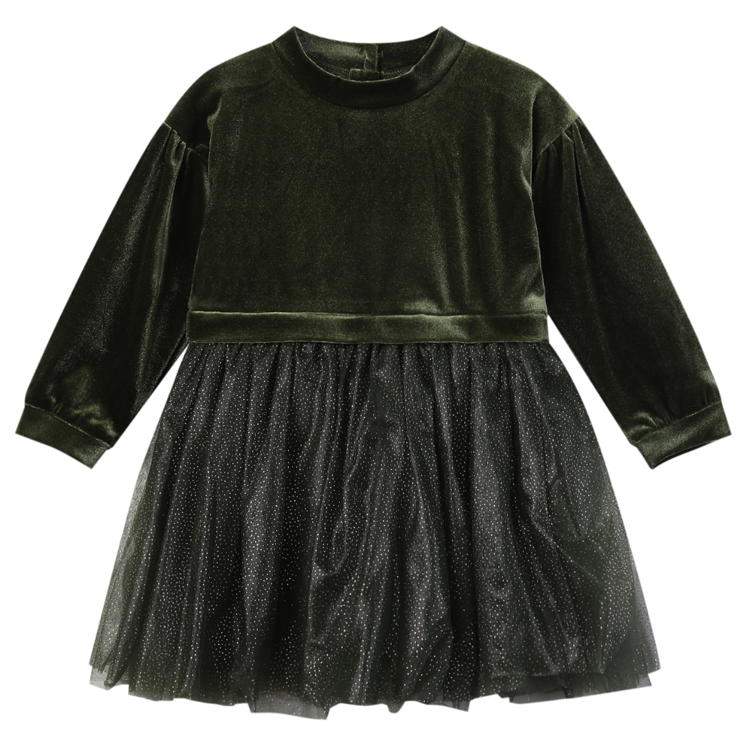 Green velvet dress with a tulle skirt.
