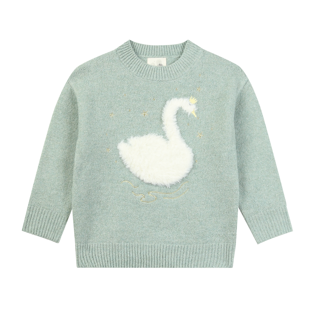 A light sage green knit sweater featuring a large white fluffy swan appliqué on the chest, with small gold embroidered stars and swirls.