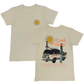 Beige t-shirt with a graphic design of a van, sun, and cactus 