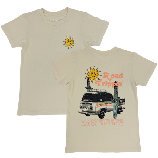 Beige t-shirt with a graphic design of a van, sun, and cactus 