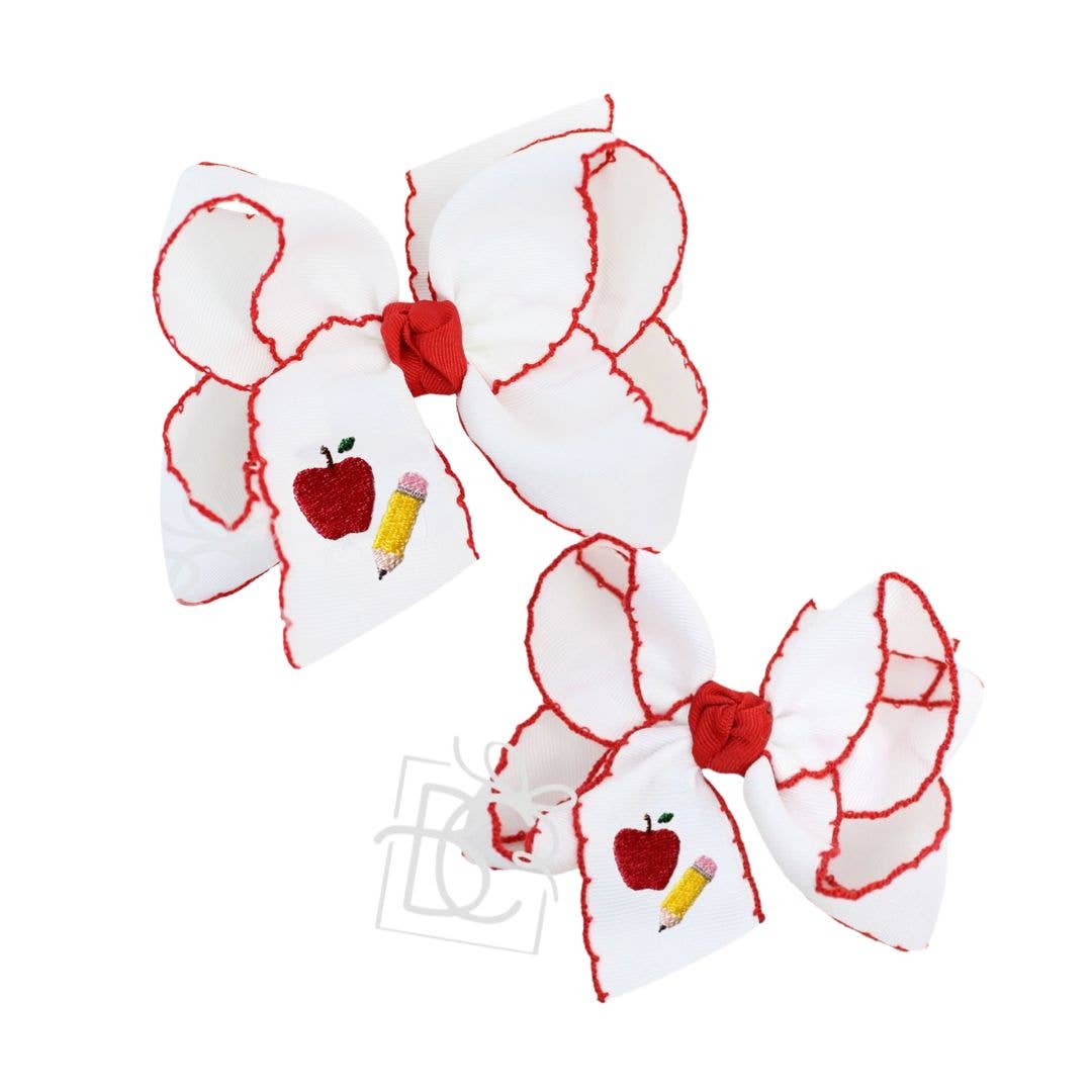 Embroidered Apple & Pencil on Crochet Edge Bow