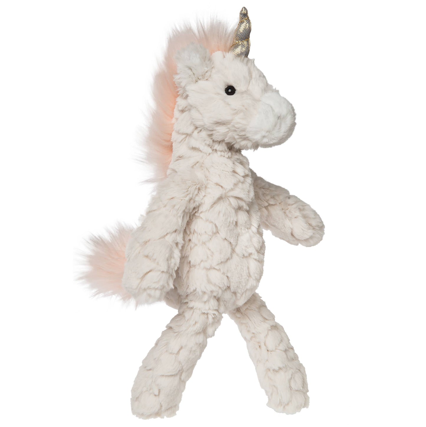 Plush unicorn toy with a white body and pink hair 