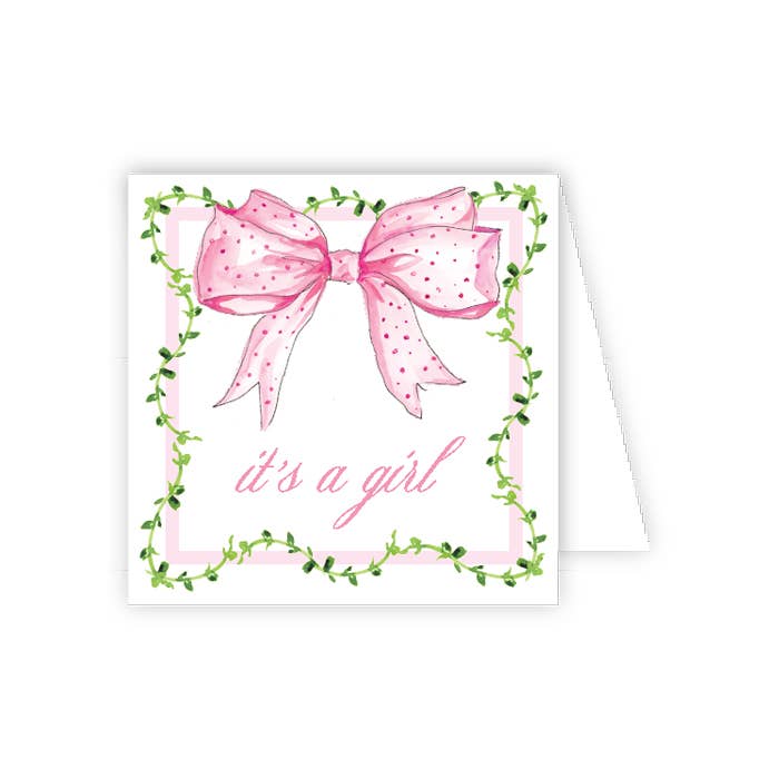 Card with a pink bow and 'it's a girl' text on a white background