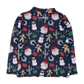 A long-sleeve children's shirt in navy blue with an all-over Christmas print featuring Santa Claus, snowmen, gingerbread men, cactus plants, and gifts, shown flat against a white background.