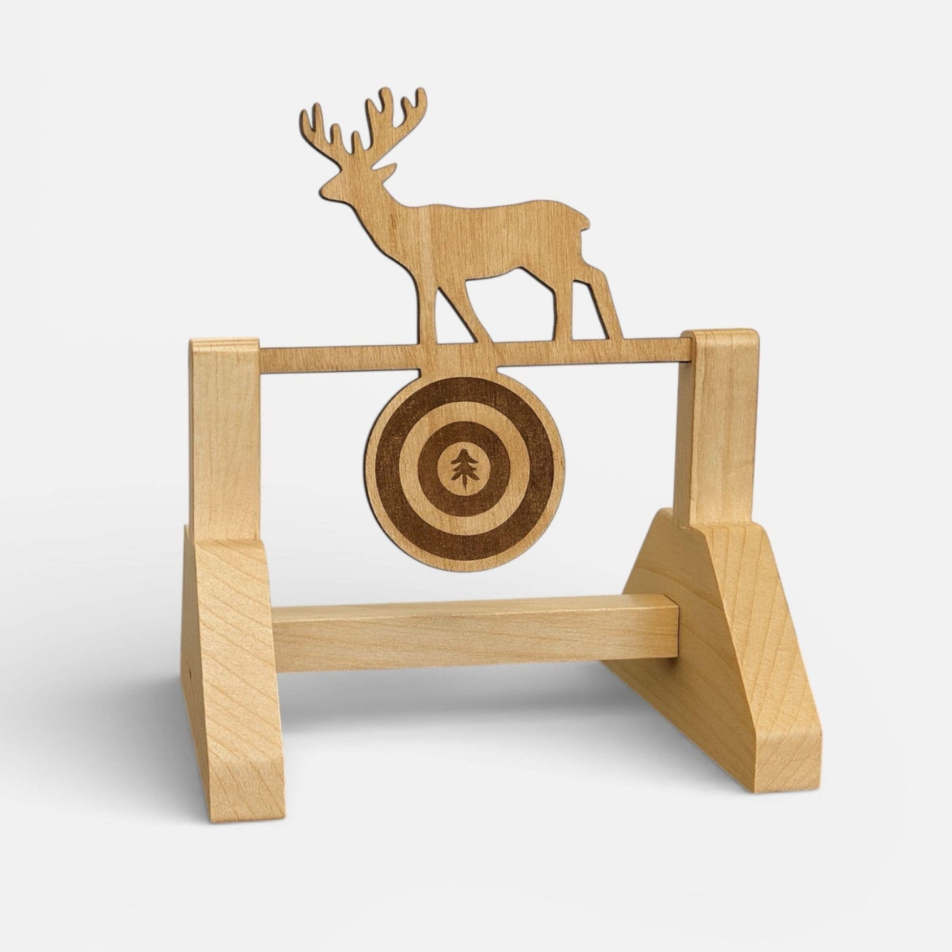 Wooden archery target with deer silhouette on a white background