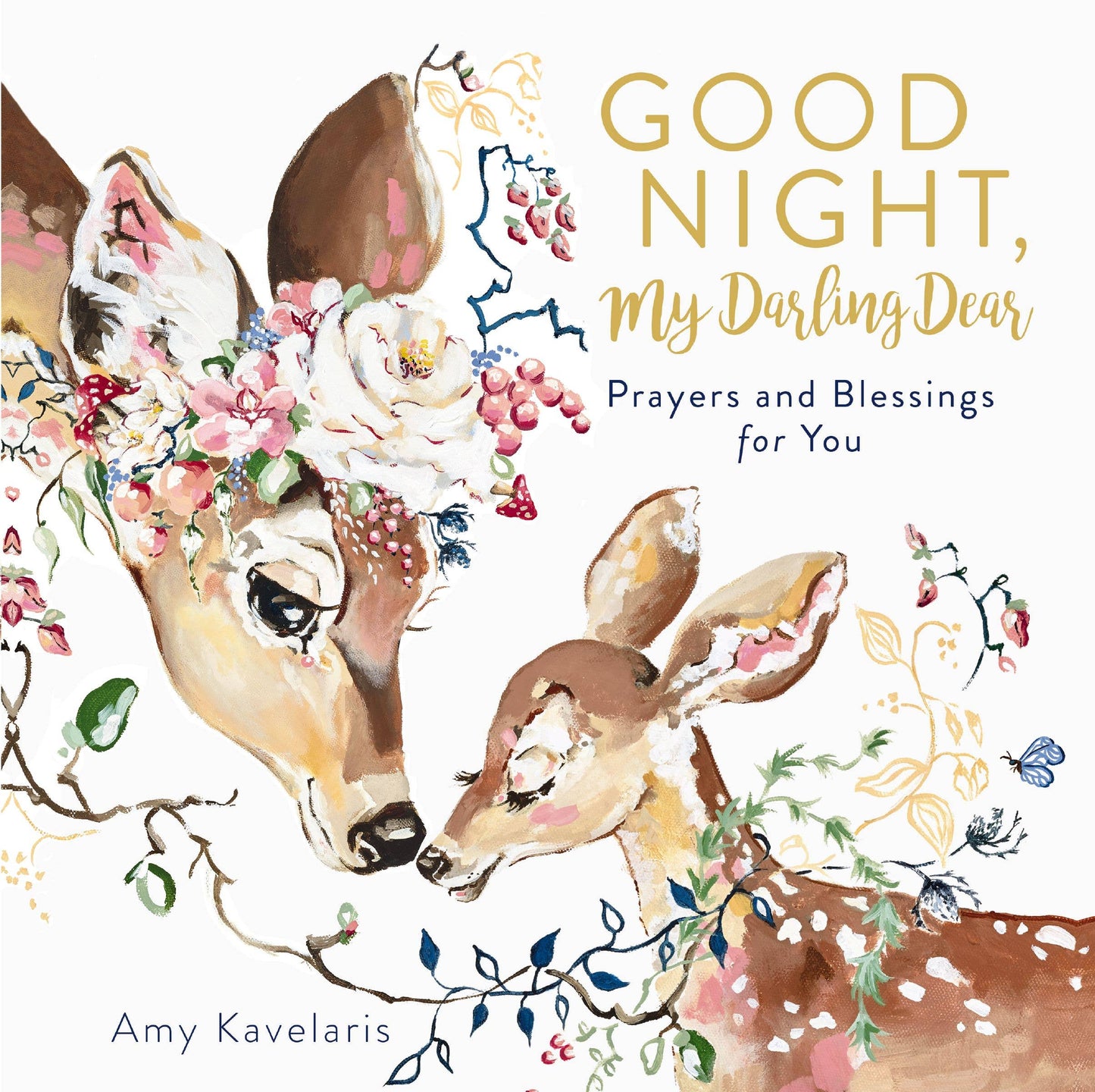 Book cover with two deer facing each other, surrounded by flowers and leaves, titled 'Good Night, My Darling Dear'.