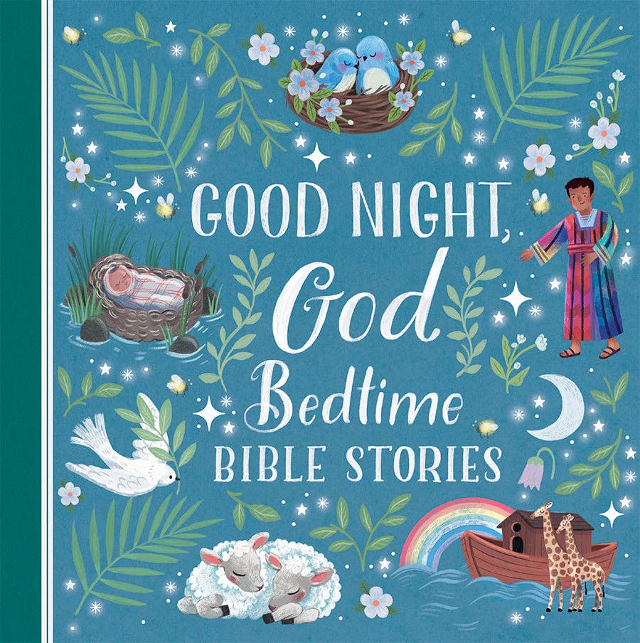 Book cover of 'Good Night, God Bedtime Bible Stories' with illustrations of a boy, birds, sheep, and Noah's Ark.